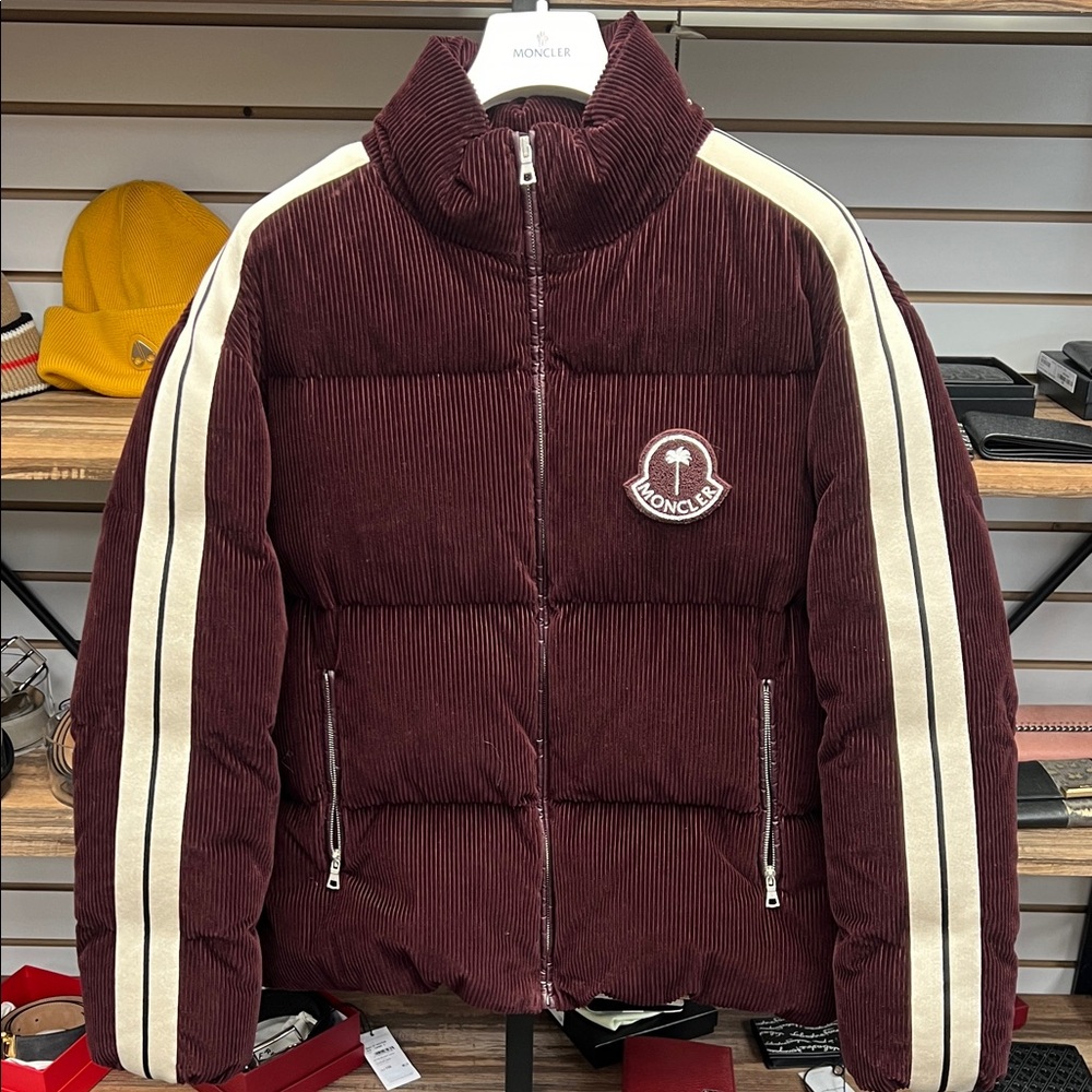 Moncler Corduroy Puffer Jacket in Burgundy and Cream